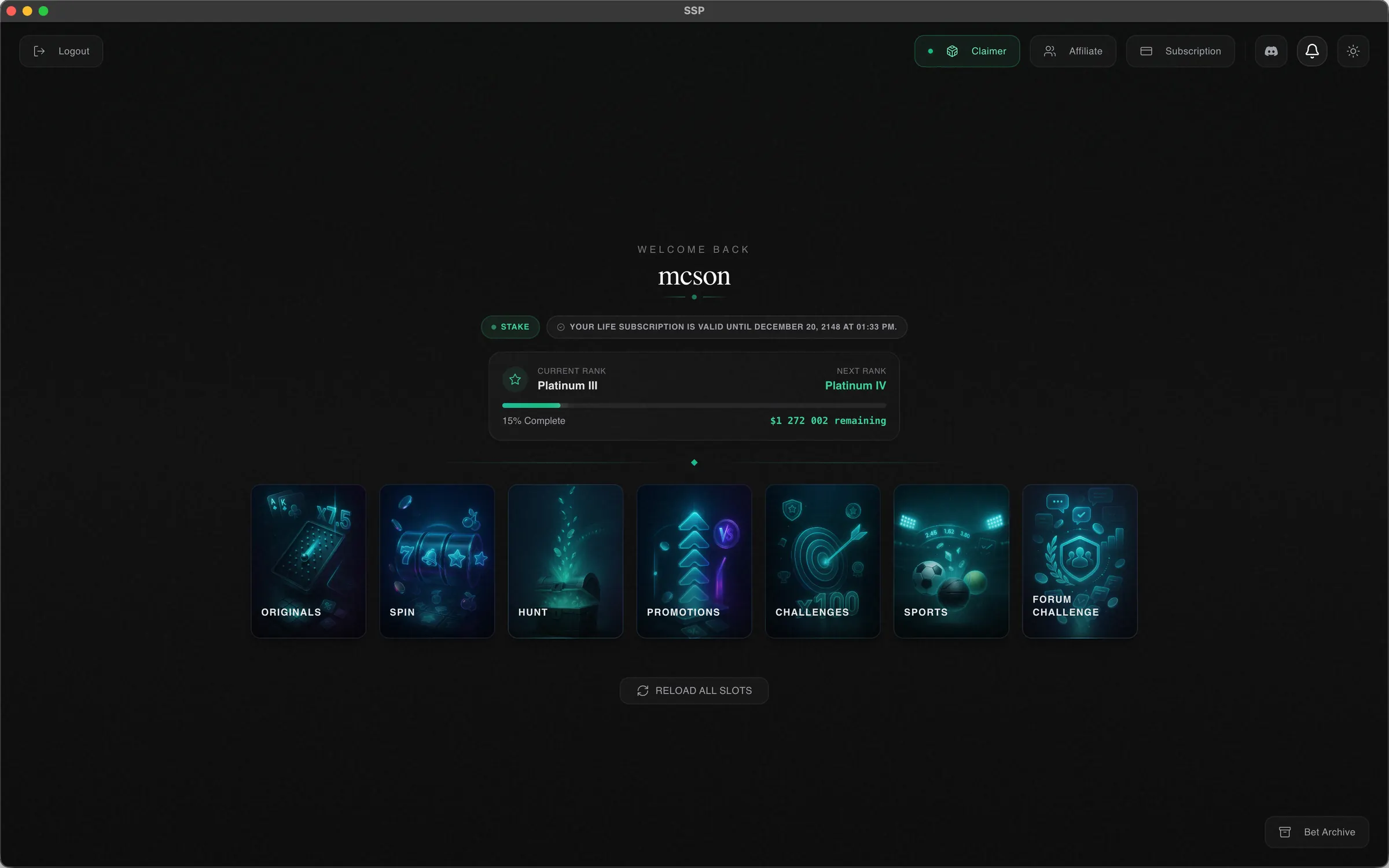 SSPilot home screen: VIP rank progress, originals, bonus hunt, promotions and challenges